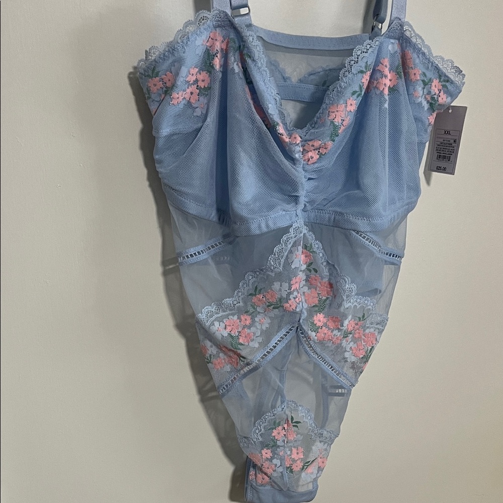 Auden Light Blue Lace Chemise with Pink Floral Details